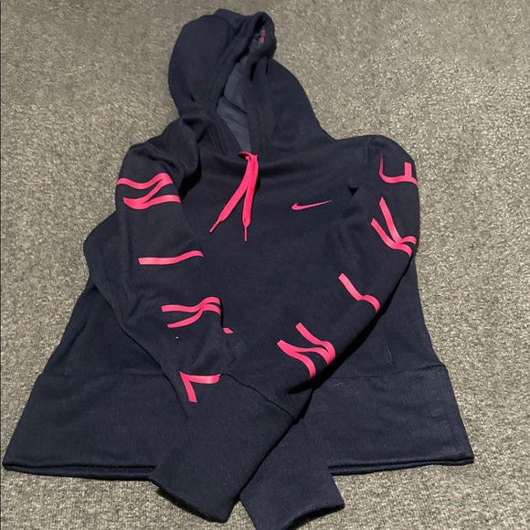 Nike Women's Pro Dri-FIT Cropped Graphic Hoodie in navy with pink accents. {XS} - Picture 10 of 14